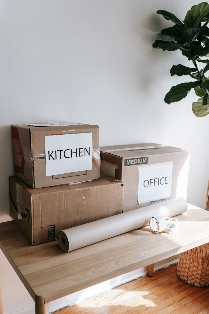 Cardboard boxes labeled for kitchen and office on a wooden table indicating moving day.